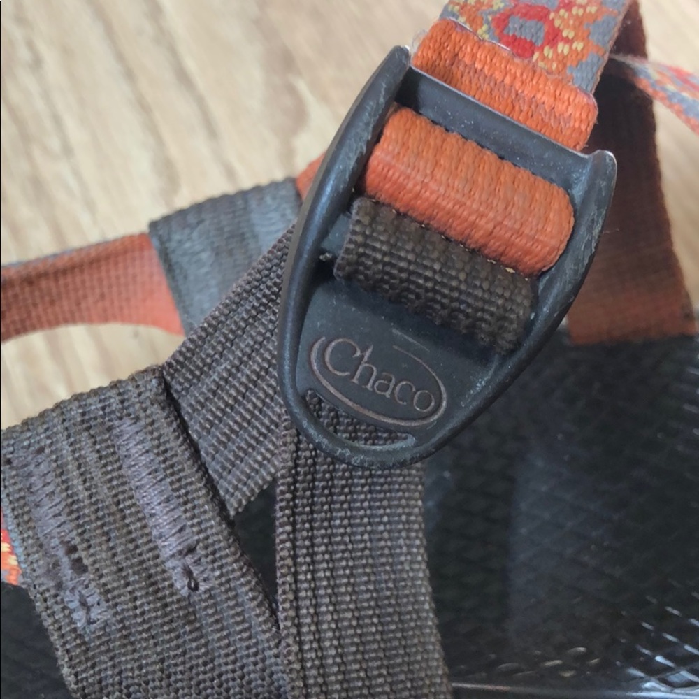 Orange Aztec Chaco’s size 8.